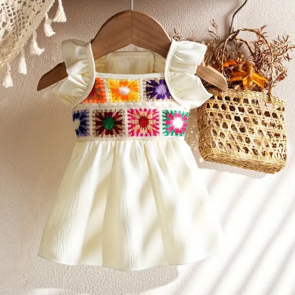 Colorful Boho Pet Dress with Flutter Sleeve Crochet Granny Square Detail
